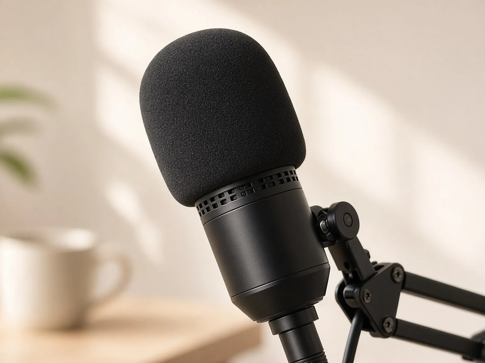 Gros plan sur un micro de podcast monté sur bras articulé, dans le studio du Pays de Fayence.
